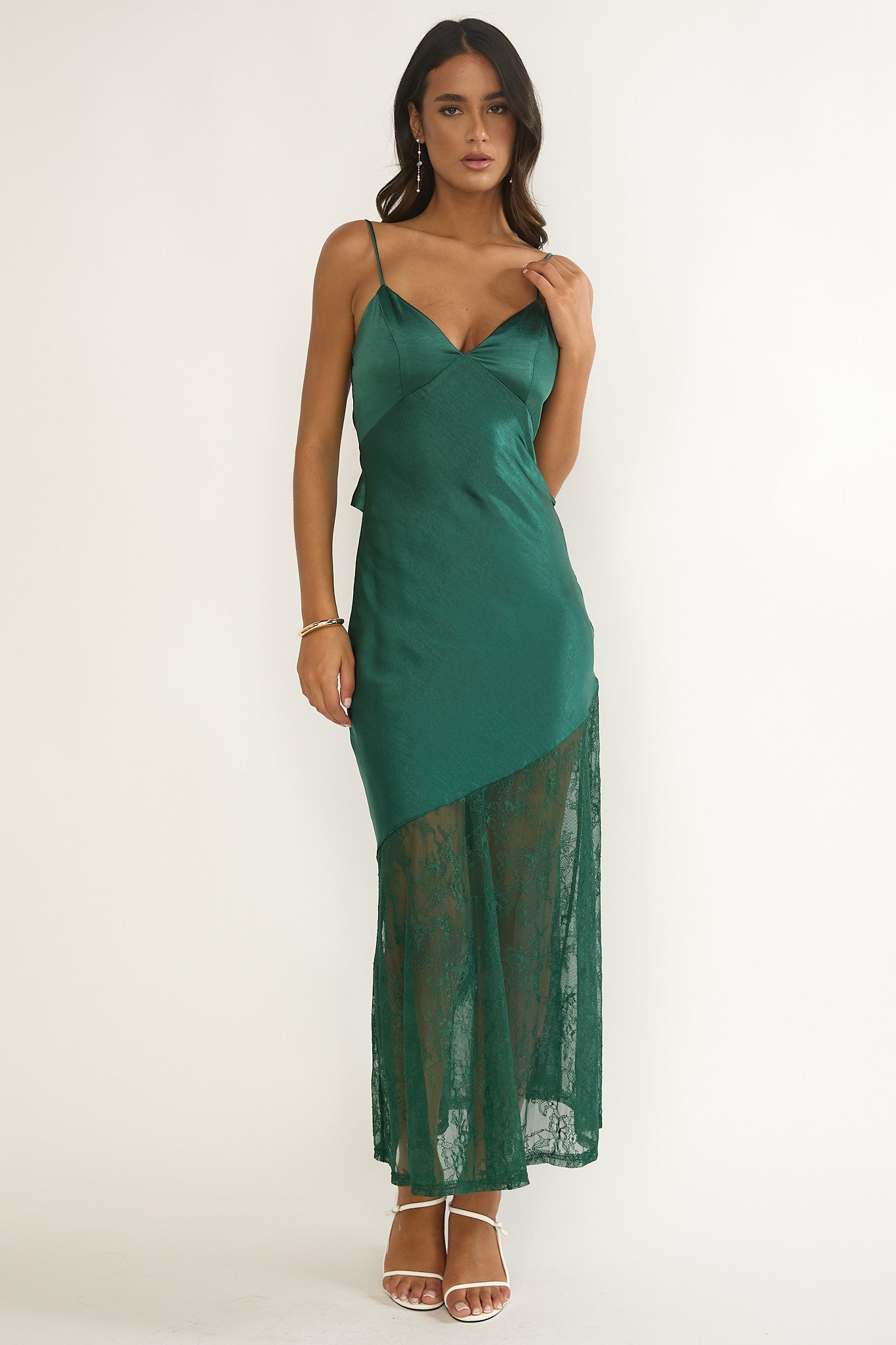 Ciao, Bella Tied Back Lace Hem Dress Forest Green by Selfie Leslie