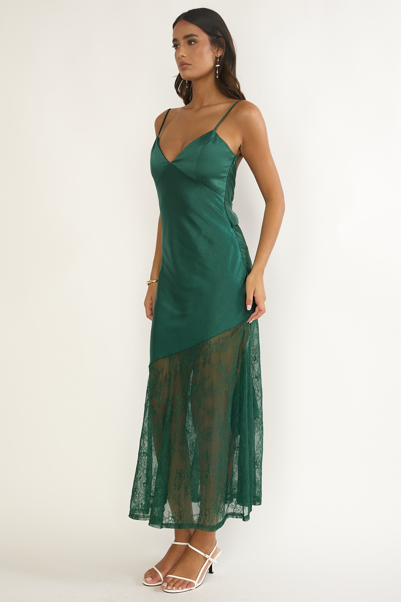 Ciao, Bella Tied Back Lace Hem Dress Forest Green by Selfie Leslie