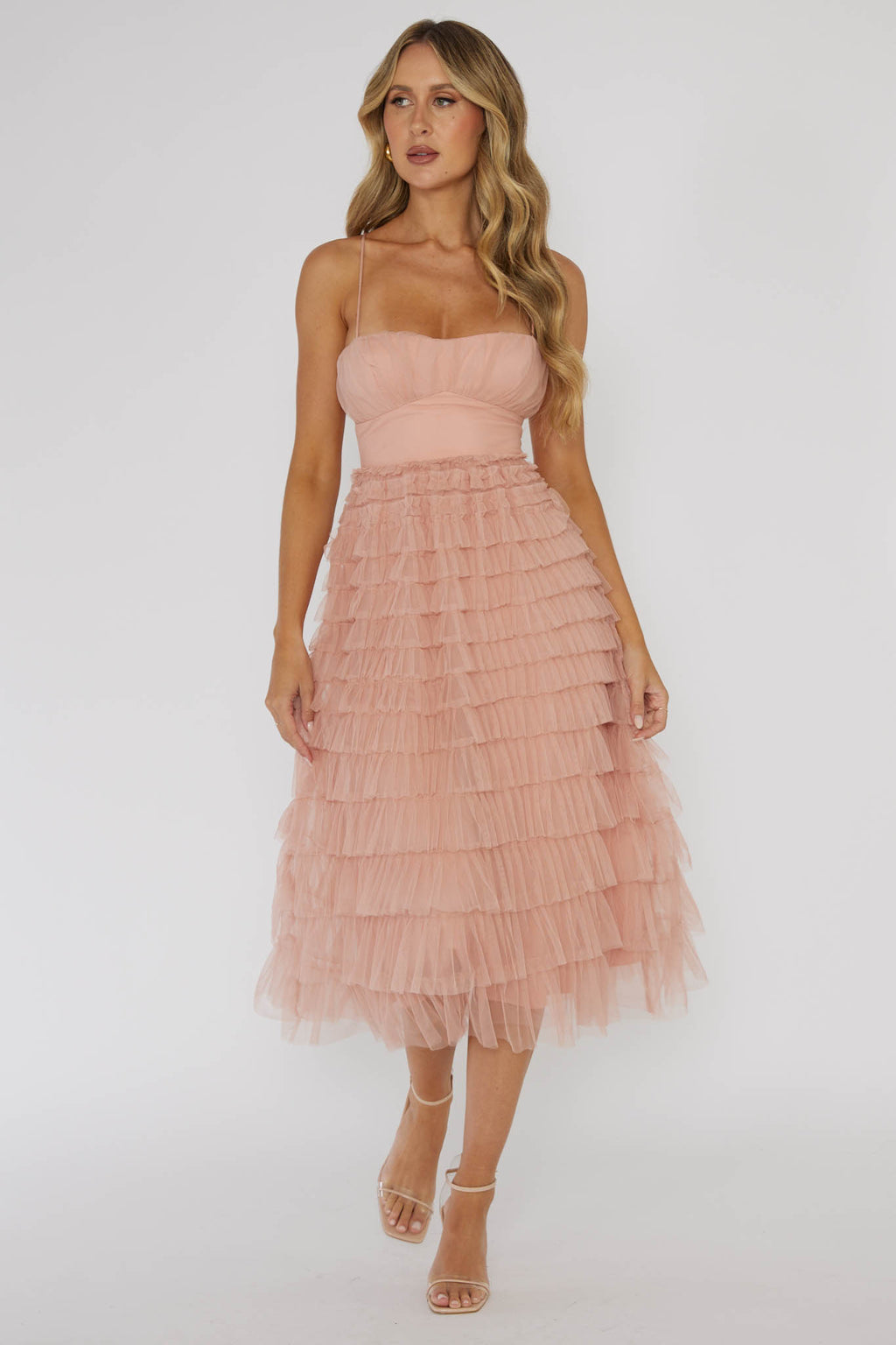 pink garden party dress Garden Party Tiered Frill Midi Dress Blush