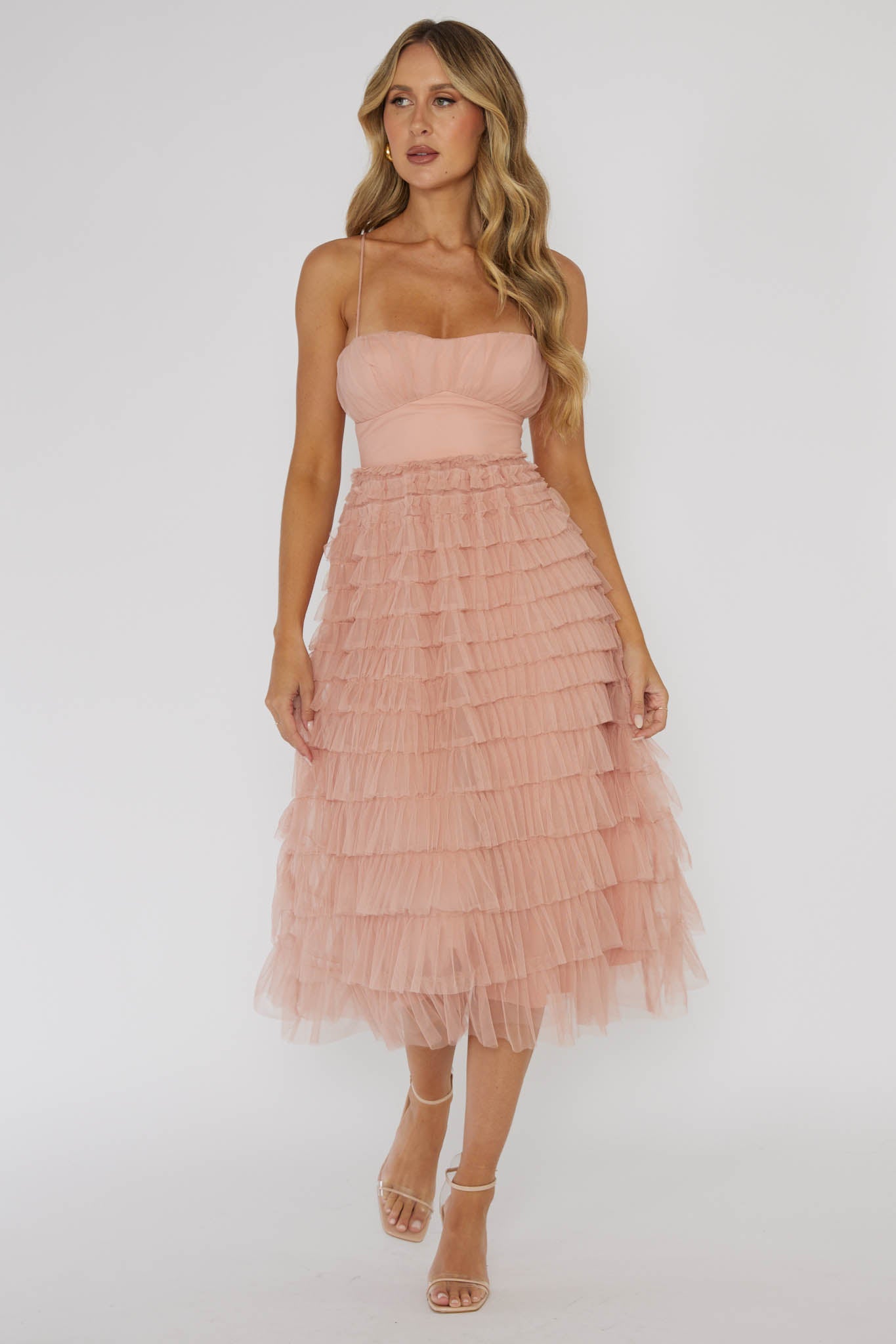 Garden Party Tiered Frill Midi Dress Blush - L Garden Party Tiered Frill Midi Dress Blush - L