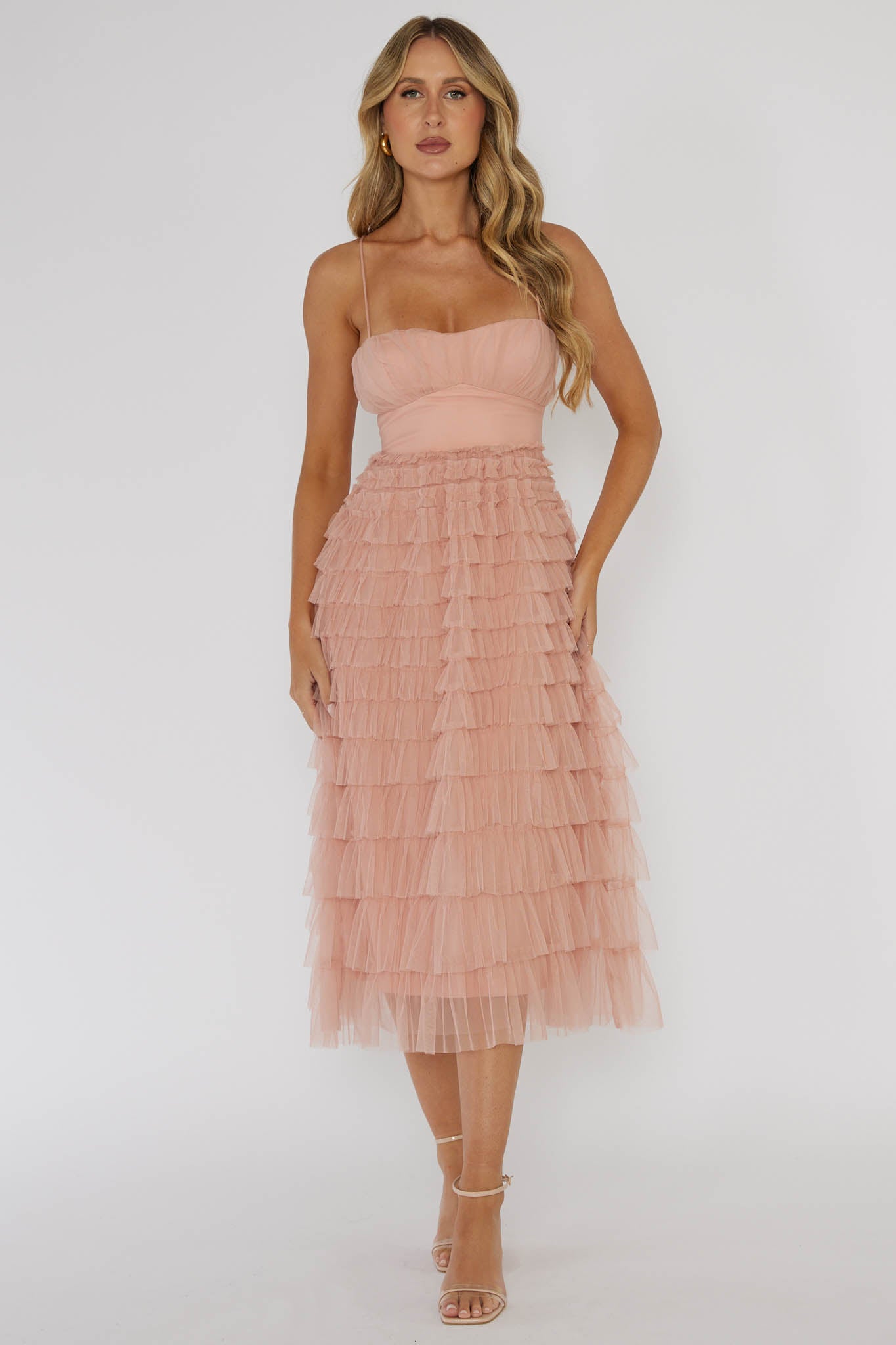 Garden Party Tiered Frill Midi Dress Blush - L Garden Party Tiered Frill Midi Dress Blush - L