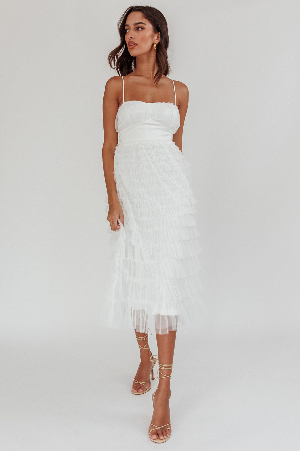 Garden Party Tiered Frill Midi Dress White by Selfie Leslie
