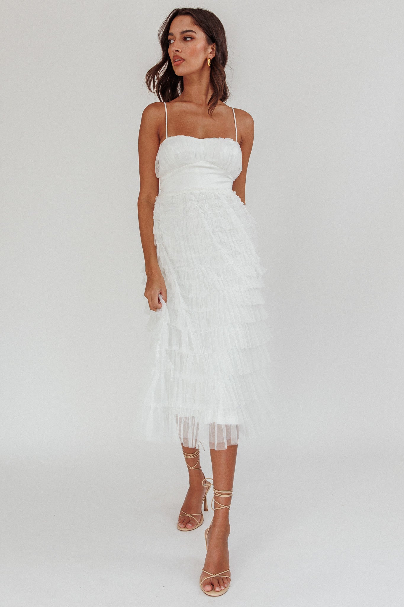 Garden Party Tiered Frill Midi Dress White by Selfie Leslie