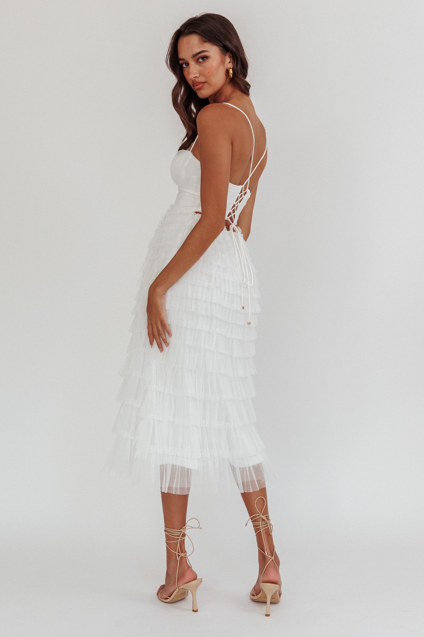 Garden Party Tiered Frill Midi Dress White by Selfie Leslie