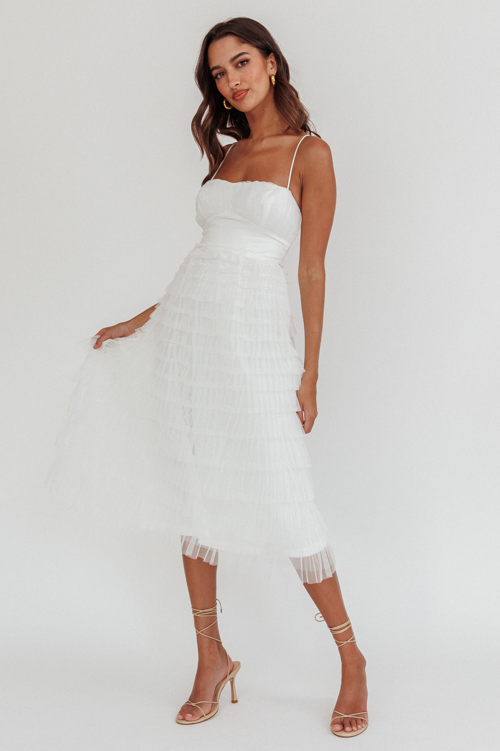 Garden Party Tiered Frill Midi Dress White by Selfie Leslie