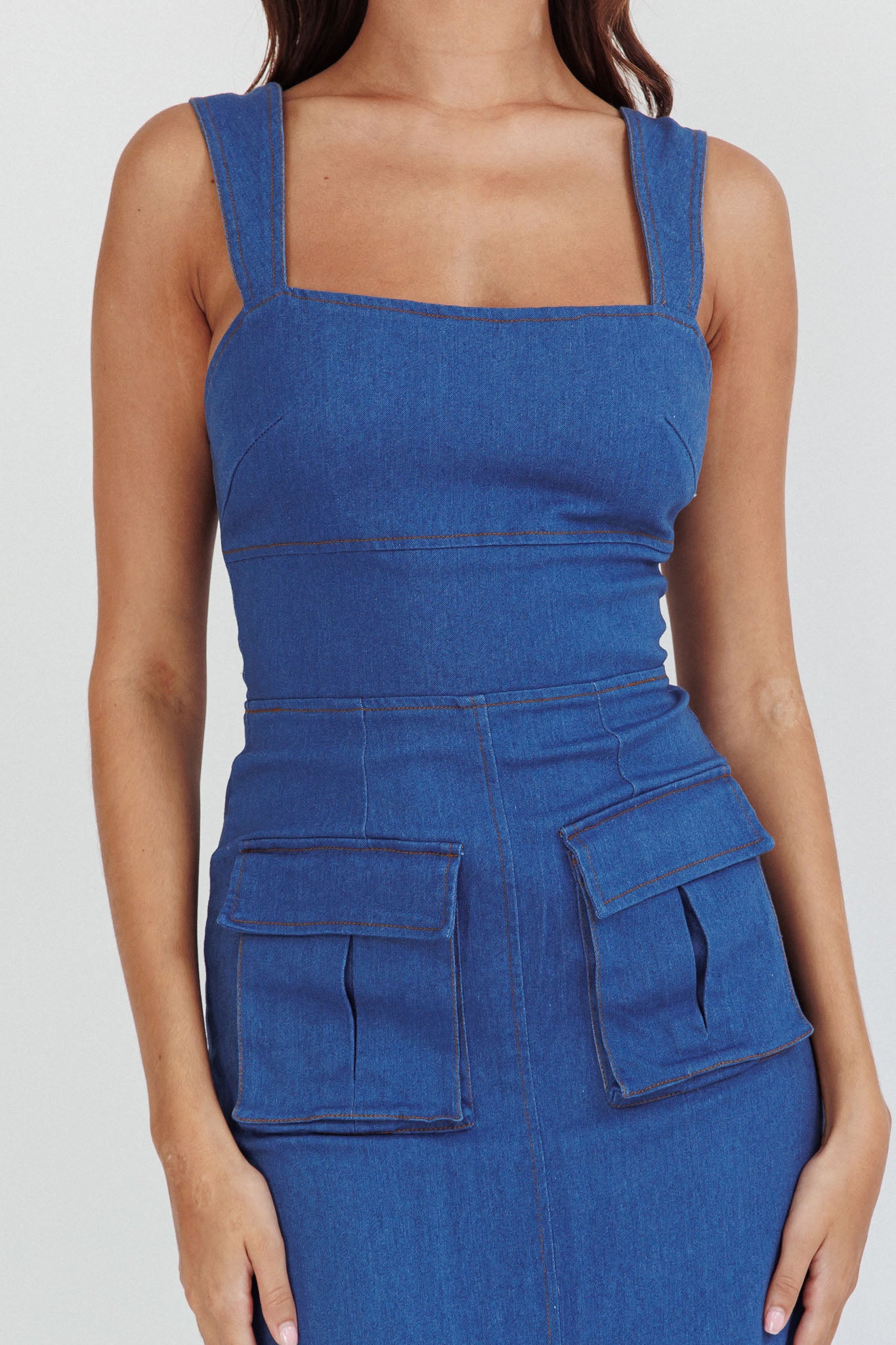 Central Park Pocket Front Midi Dress Denim by Selfie Leslie