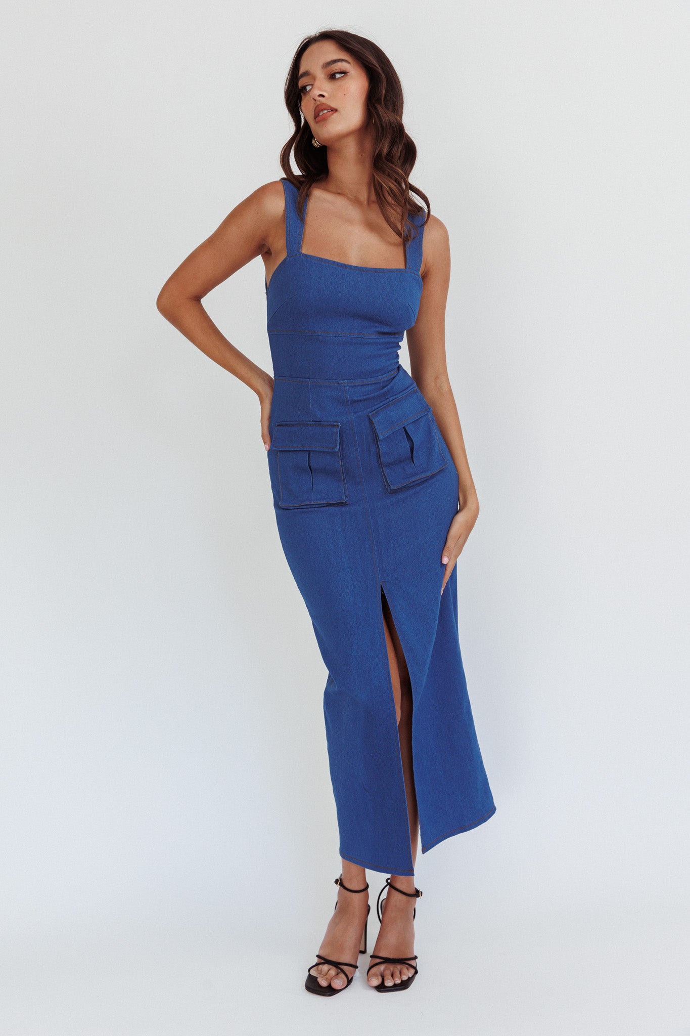 Central Park Pocket Front Midi Dress Denim by Selfie Leslie