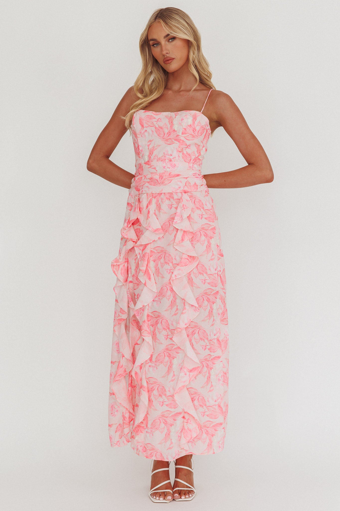Serif Ruffle Trim Split Maxi Dress Pink by Selfie Leslie