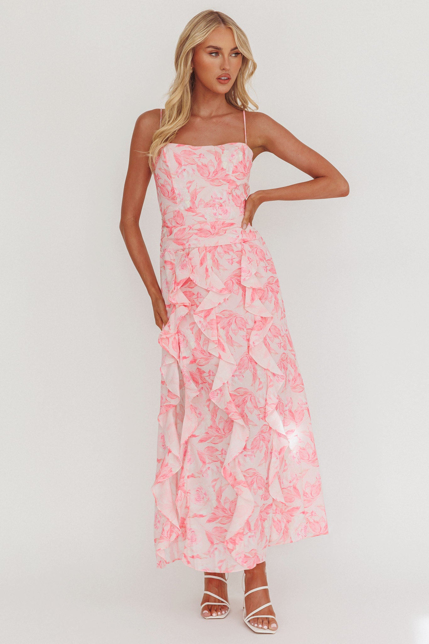 Serif Ruffle Trim Split Maxi Dress Pink by Selfie Leslie