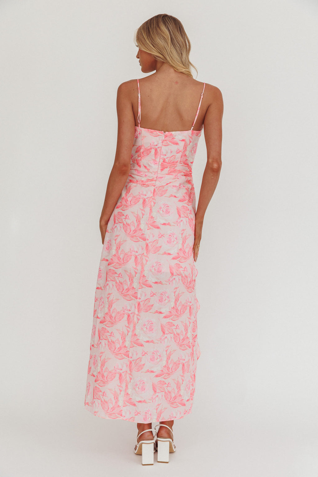 Serif Ruffle Trim Split Maxi Dress Pink by Selfie Leslie