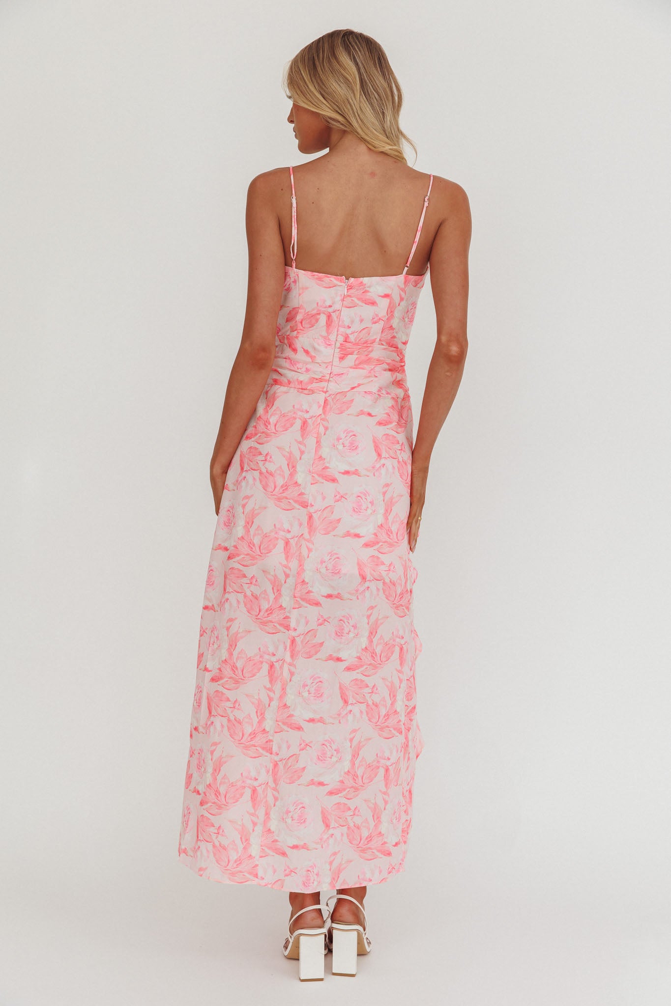 Serif Ruffle Trim Split Maxi Dress Pink by Selfie Leslie