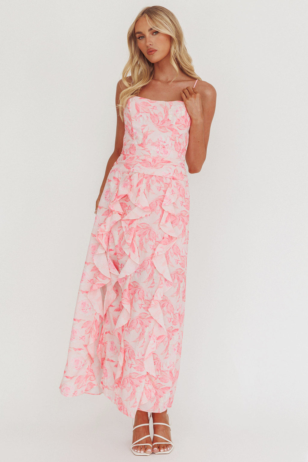 Serif Ruffle Trim Split Maxi Dress Pink by Selfie Leslie