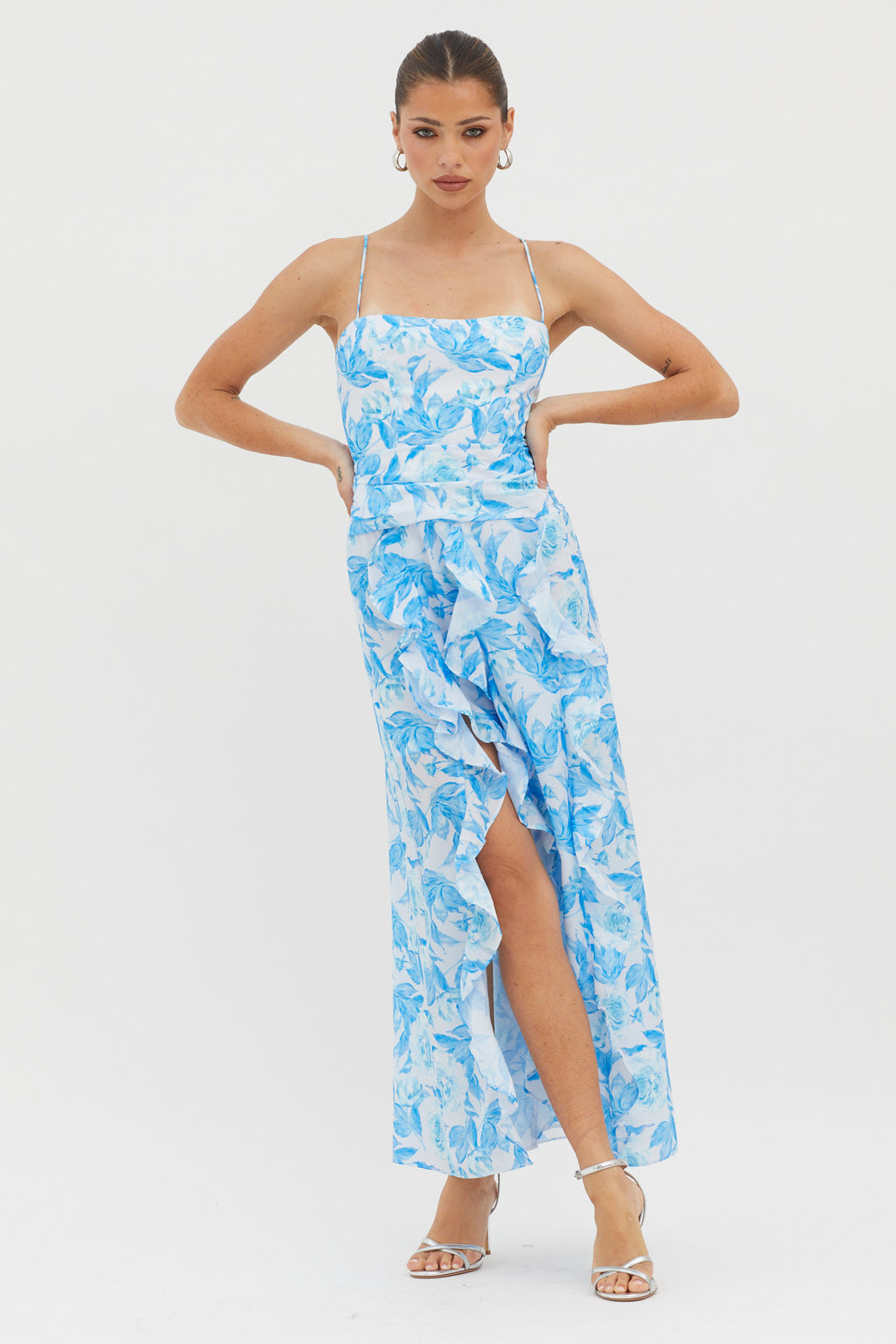 Serif Ruffle Trim Split Maxi Dress Blue by Selfie Leslie