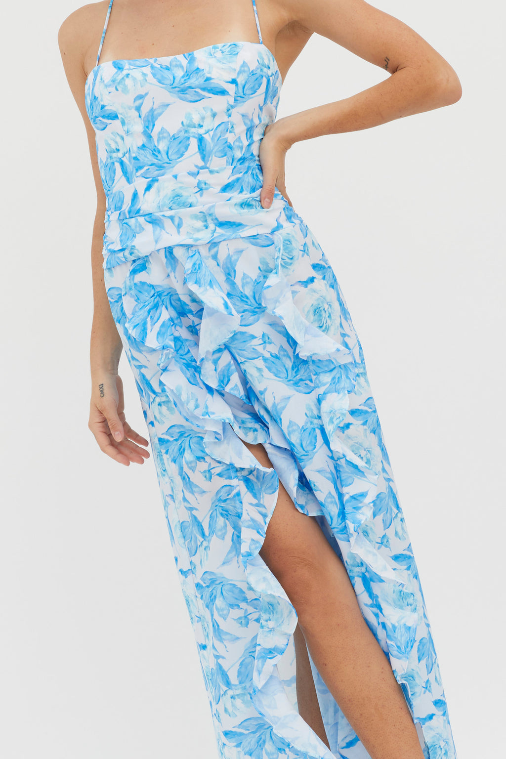 Serif Ruffle Trim Split Maxi Dress Blue by Selfie Leslie