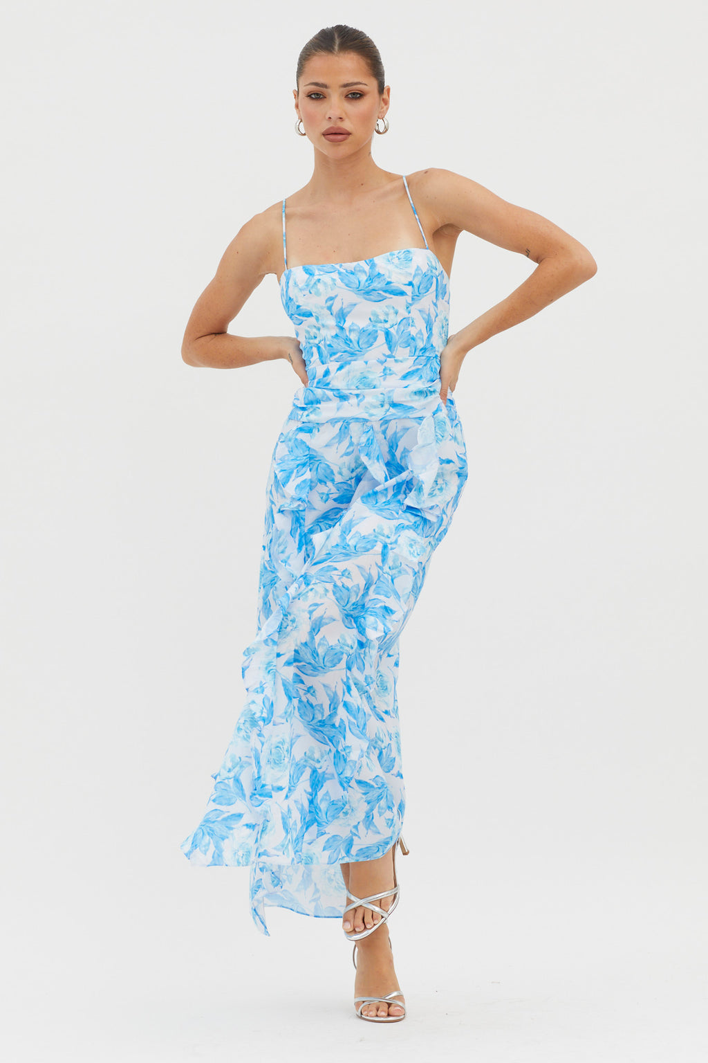 Serif Ruffle Trim Split Maxi Dress Blue by Selfie Leslie