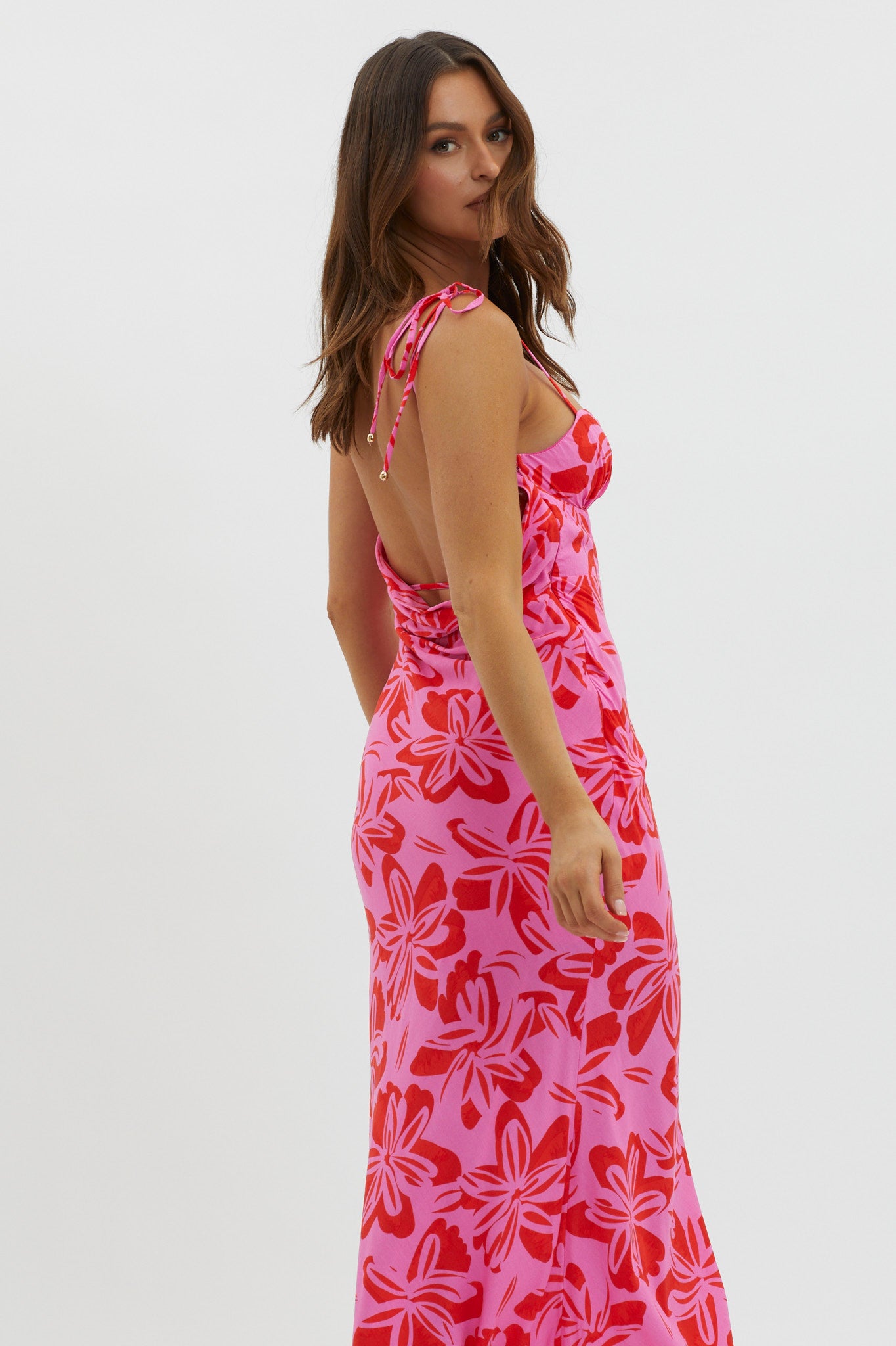 Luau Tied Shoulder Print Dress Pink by Selfie Leslie