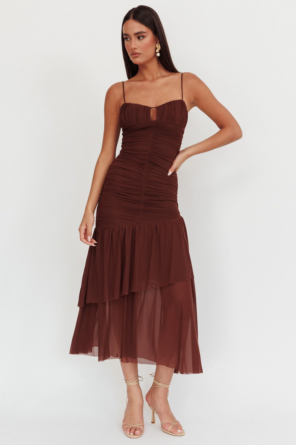 Kailua Ruched Tiered Hem Maxi Dress Chocolate by Selfie Leslie