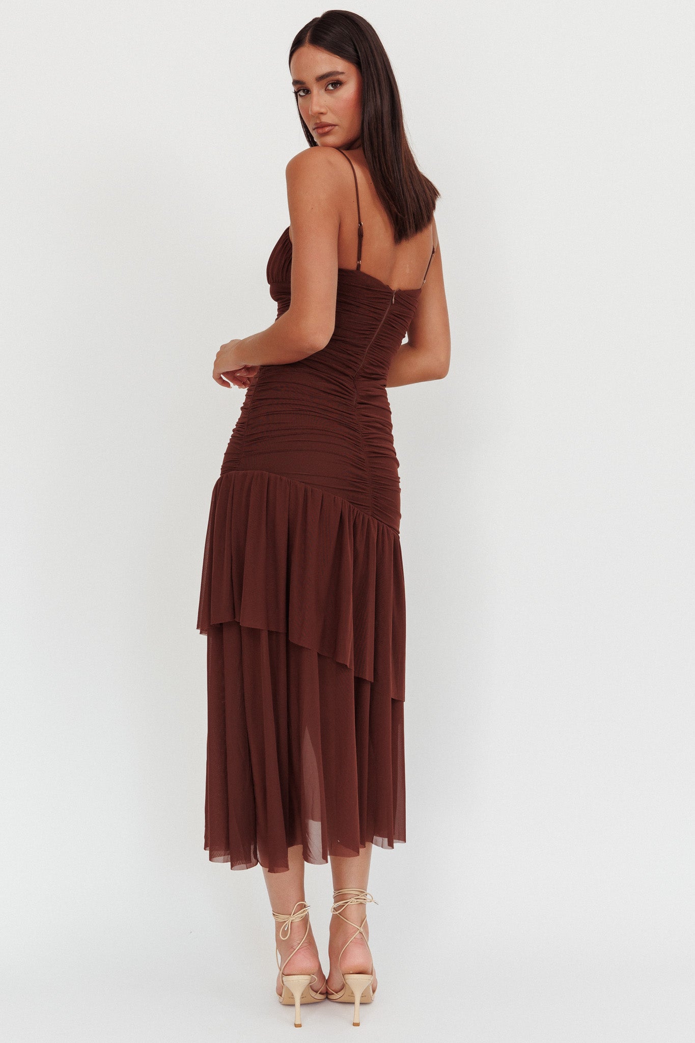 Kailua Ruched Tiered Hem Maxi Dress Chocolate by Selfie Leslie