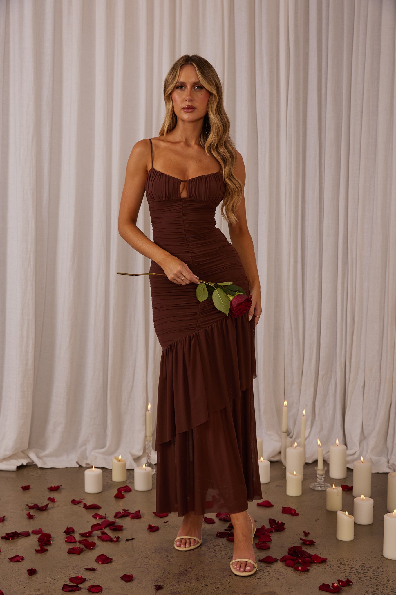 Kailua Ruched Tiered Hem Maxi Dress Chocolate by Selfie Leslie