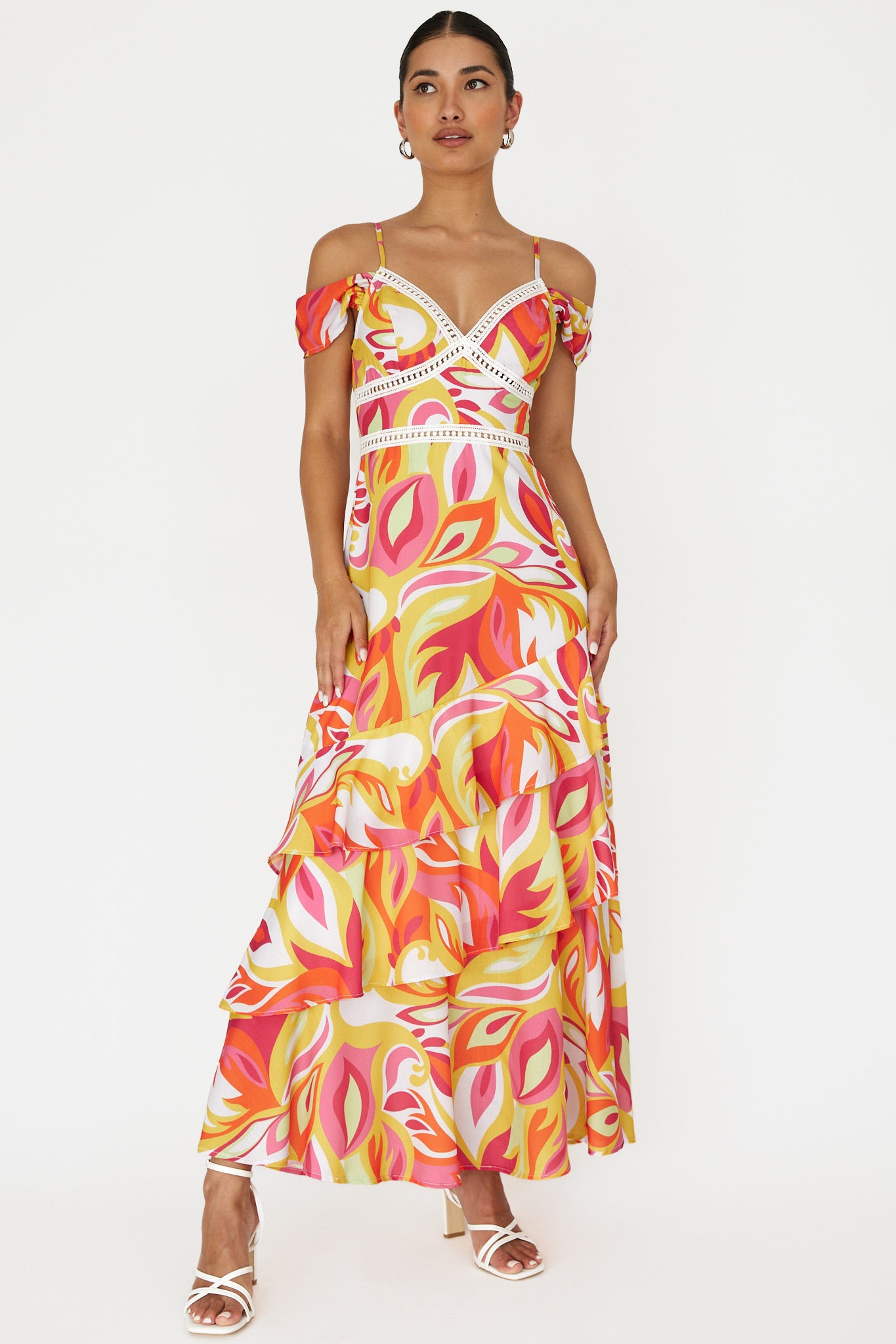 Seina Off-Shoulder Crochet Trim Dress Print Orange by Selfie Leslie