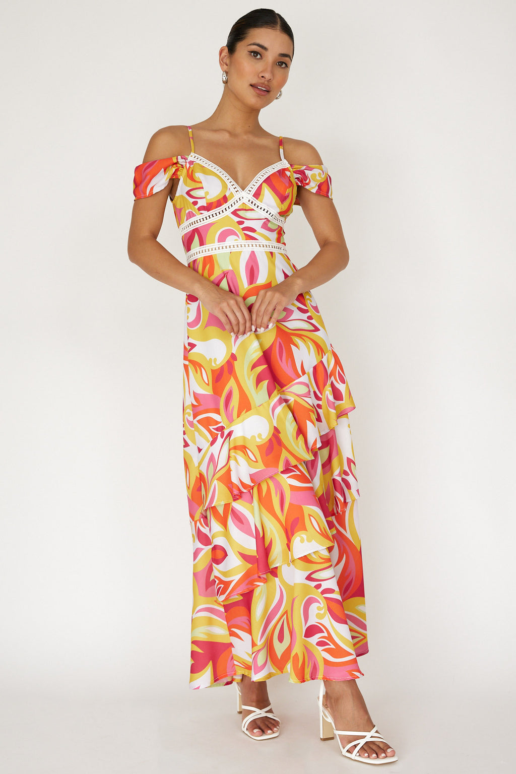 Seina Off-Shoulder Crochet Trim Dress Print Orange by Selfie Leslie