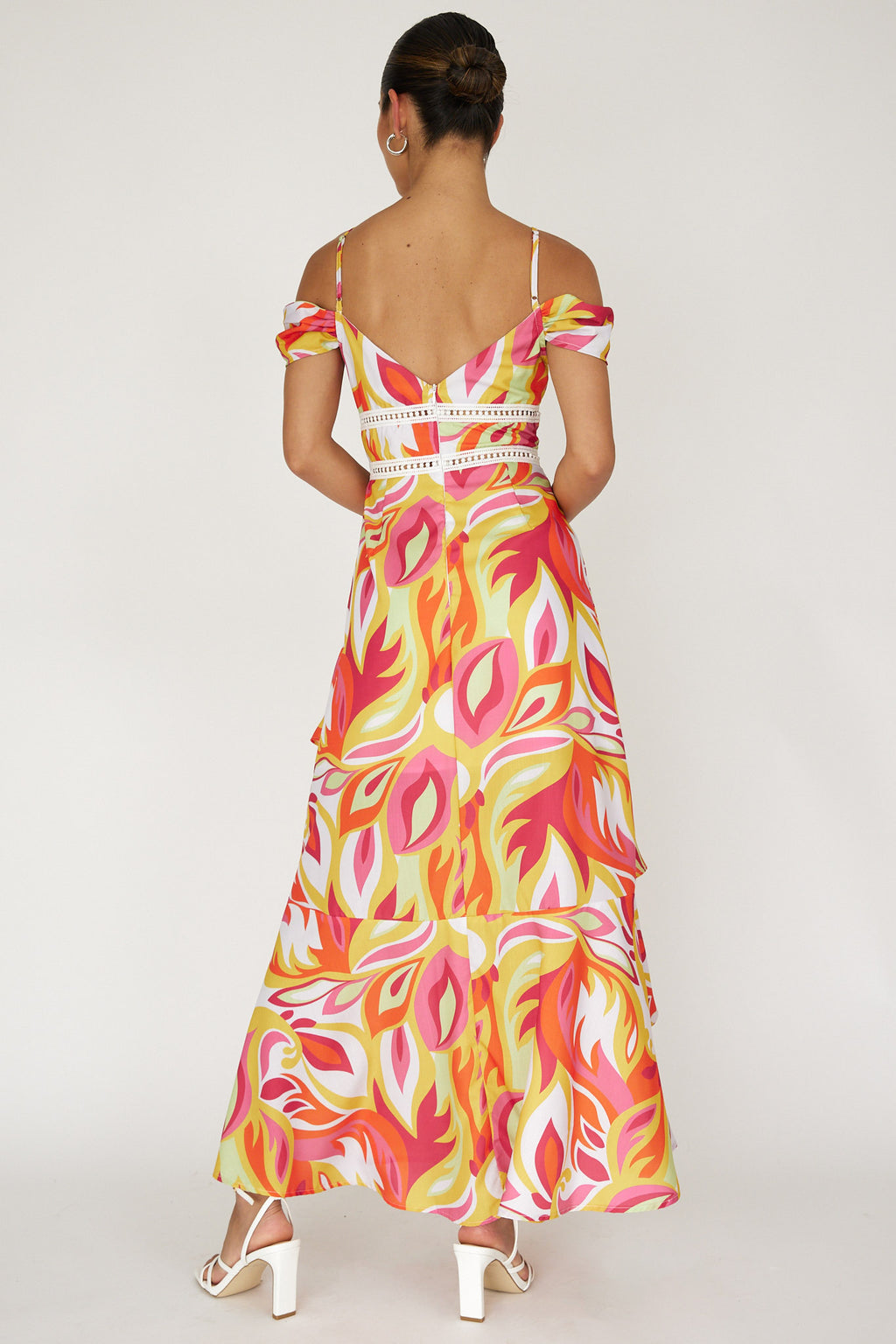 Seina Off-Shoulder Crochet Trim Dress Print Orange by Selfie Leslie