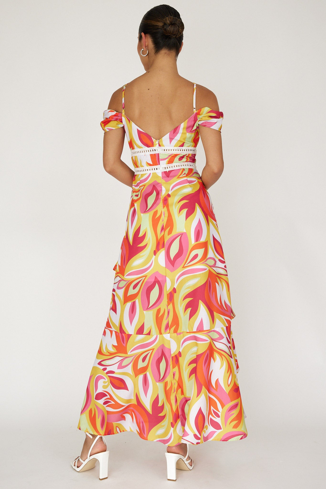 Seina Off-Shoulder Crochet Trim Dress Print Orange by Selfie Leslie