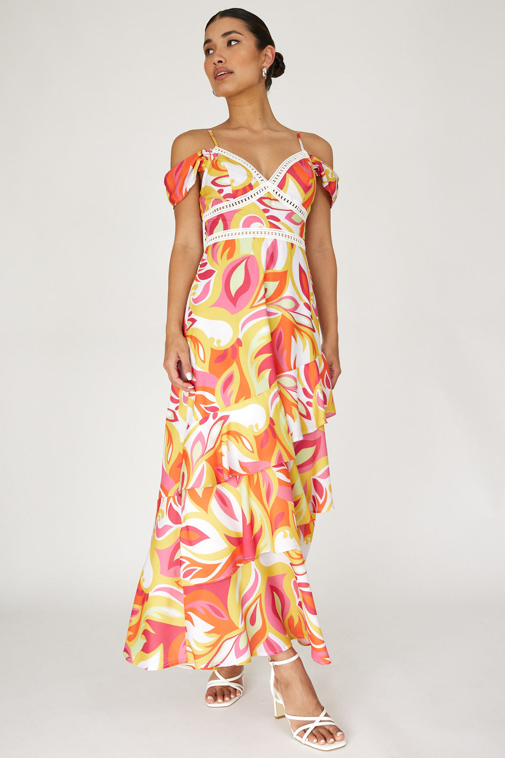 Seina Off-Shoulder Crochet Trim Dress Print Orange by Selfie Leslie