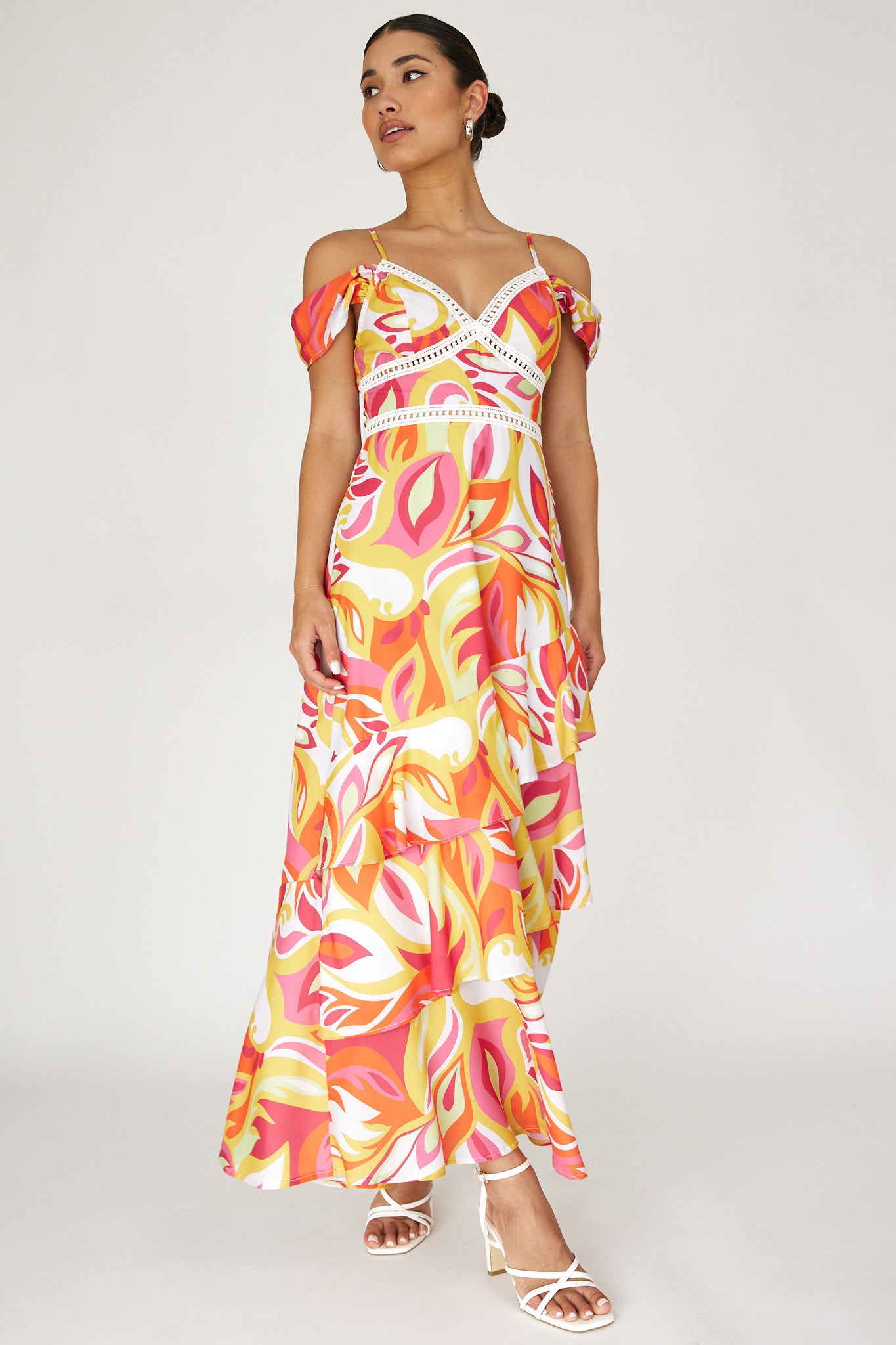 Seina Off-Shoulder Crochet Trim Dress Print Orange by Selfie Leslie