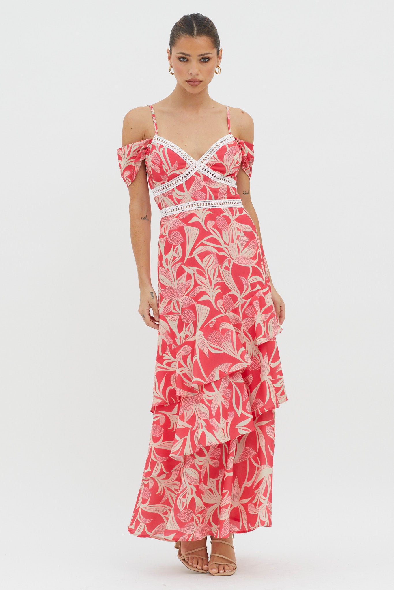 Seina Off-Shoulder Crochet Trim Dress Print Red by Selfie Leslie