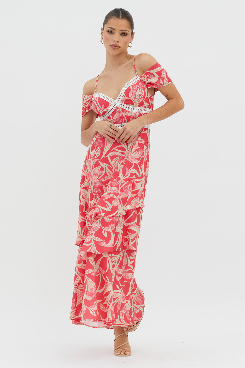 Seina Off-Shoulder Crochet Trim Dress Print Red by Selfie Leslie