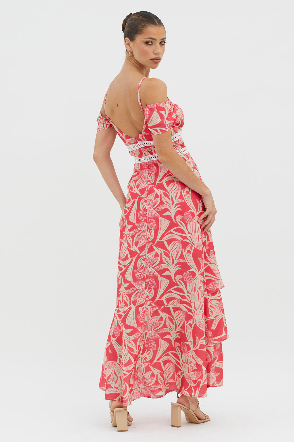 Seina Off-Shoulder Crochet Trim Dress Print Red by Selfie Leslie