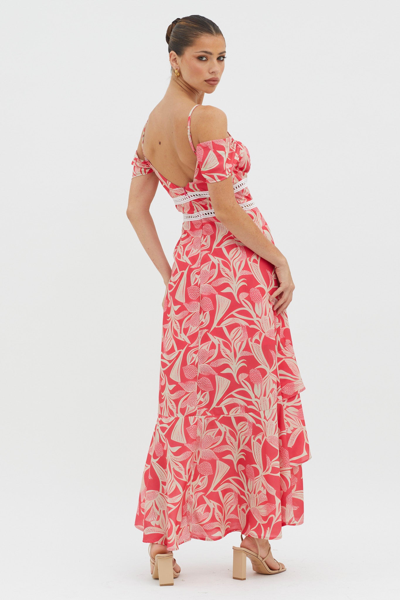 Seina Off-Shoulder Crochet Trim Dress Print Red by Selfie Leslie