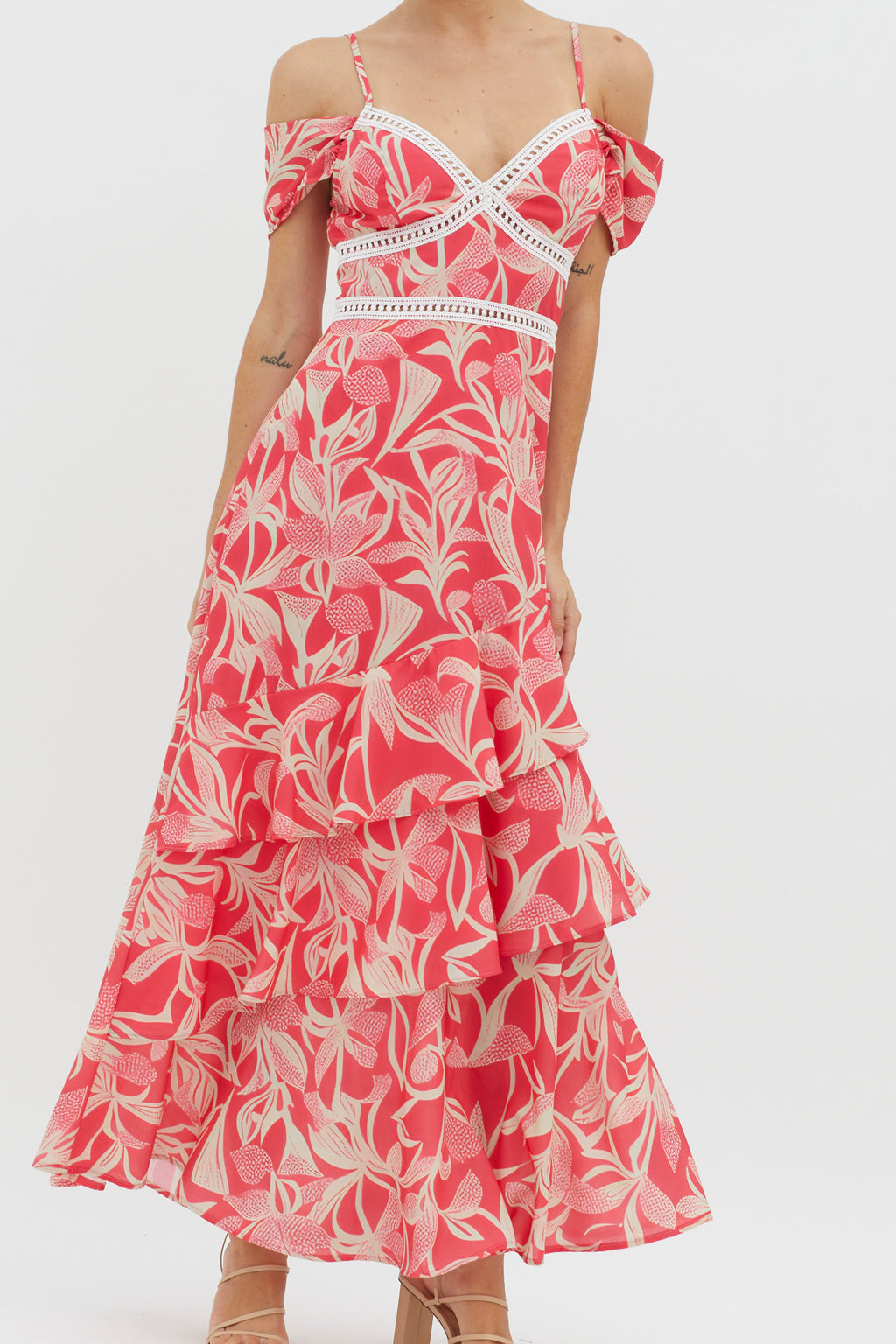 Seina Off-Shoulder Crochet Trim Dress Print Red by Selfie Leslie