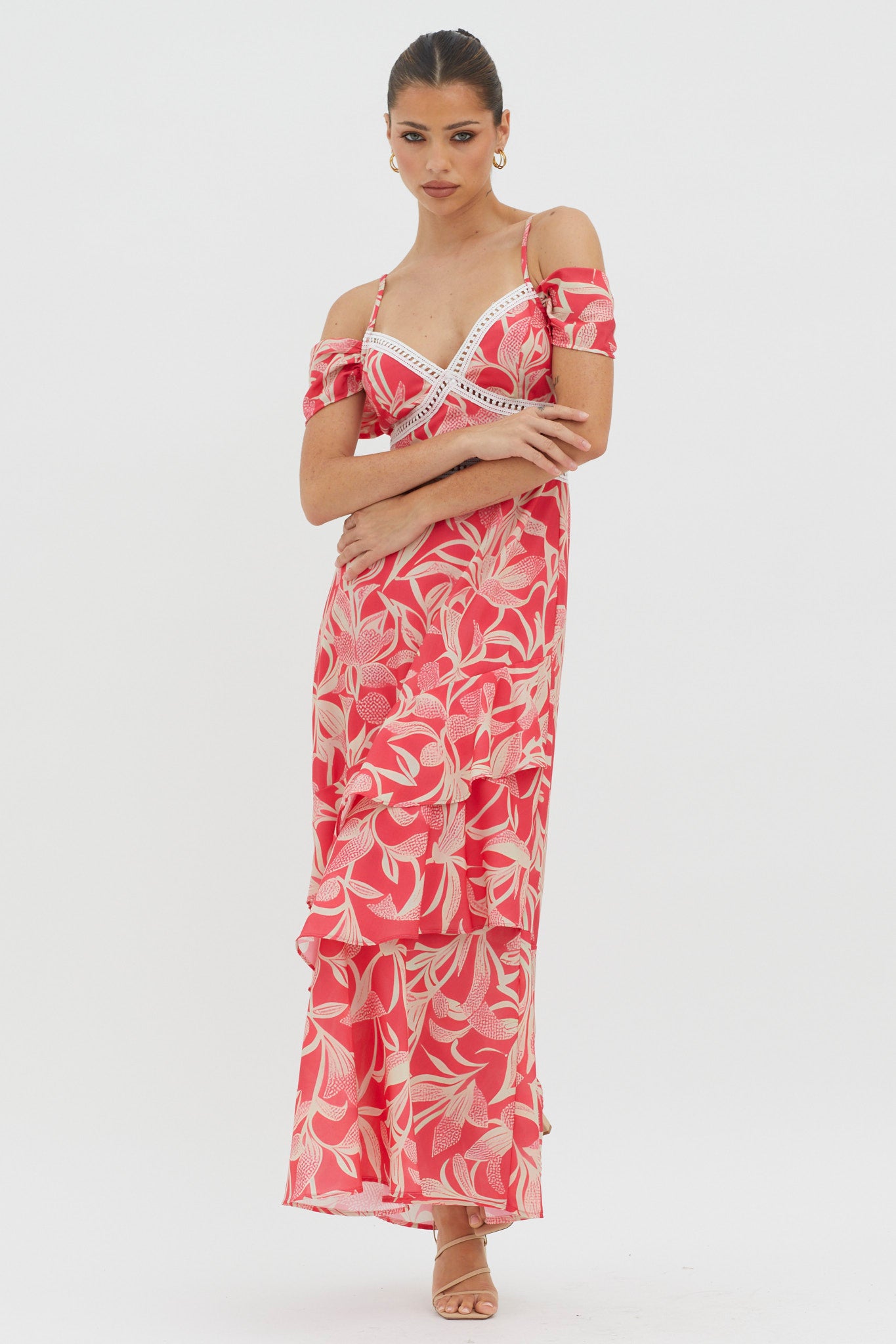 Seina Off-Shoulder Crochet Trim Dress Print Red by Selfie Leslie