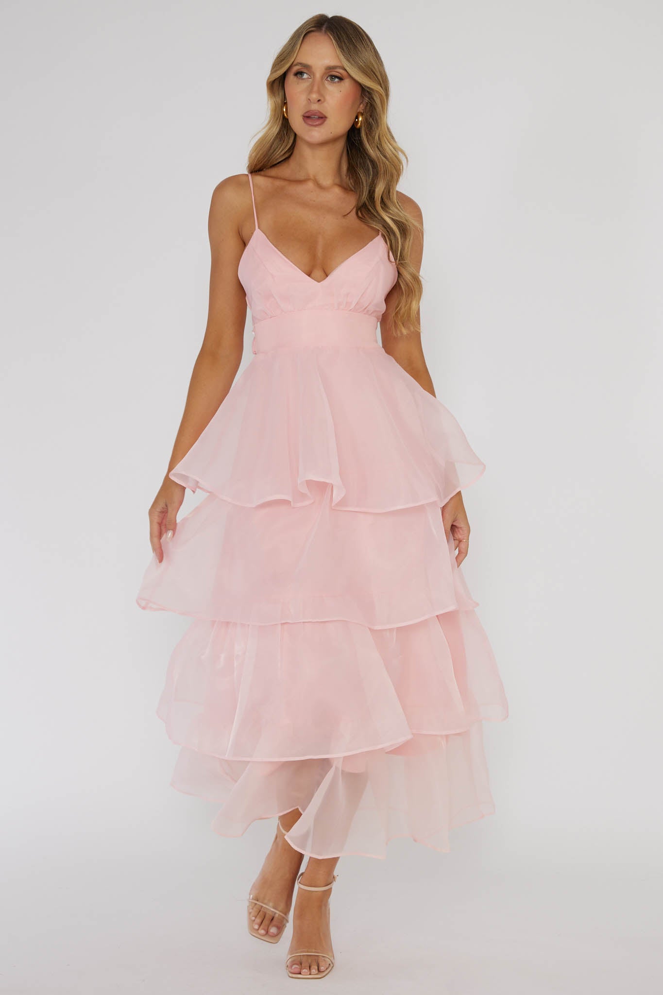 Shop the Made For You Tiered Ruffle Midi Dress Pink