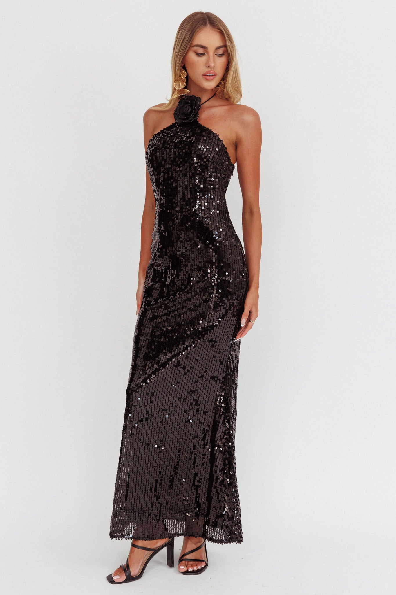 High Roller Flower Decoration Halter Dress Sequin Black by Selfie Leslie