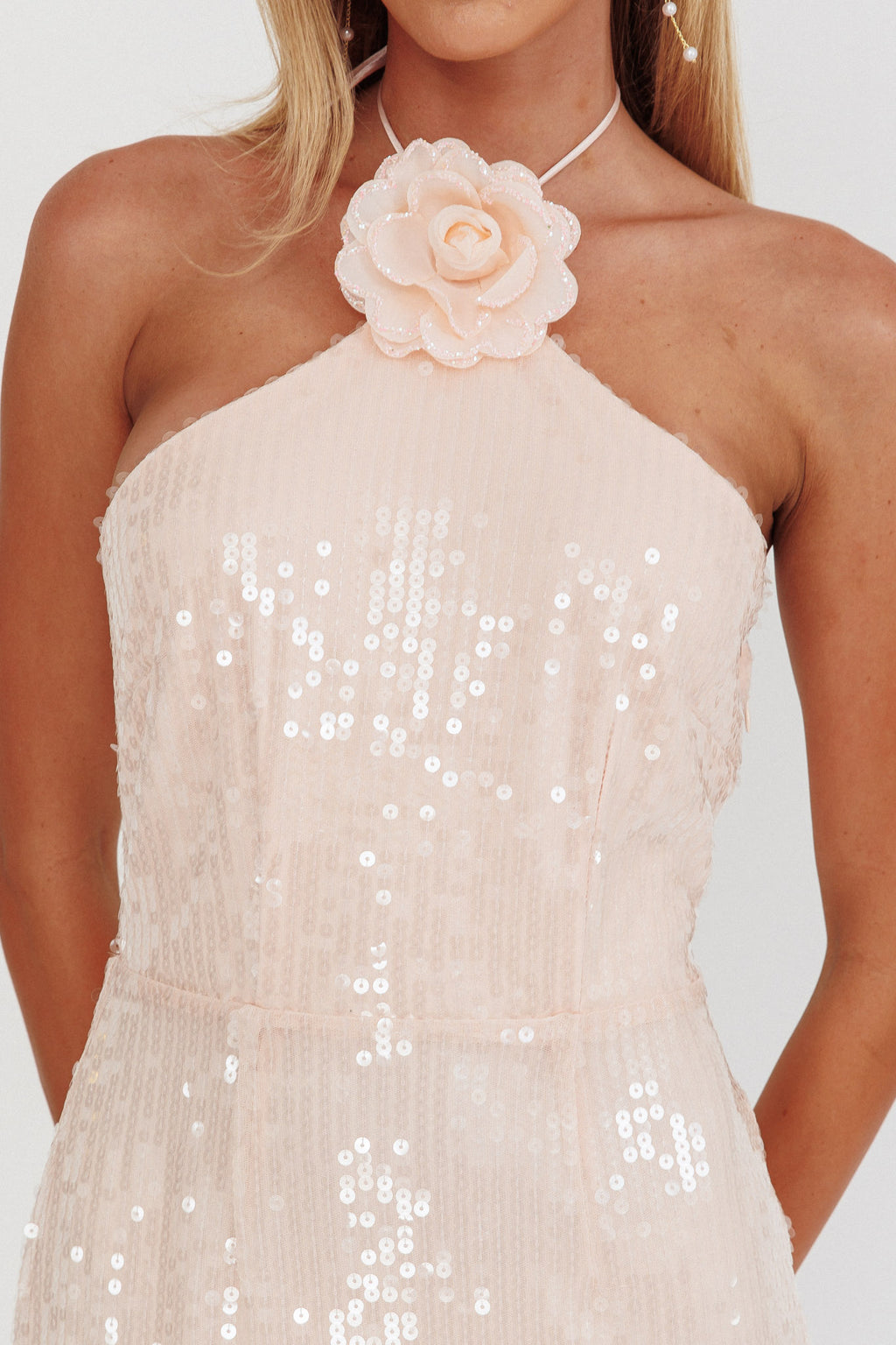 High Roller Flower Decoration Halter Dress Sequin Pink by Selfie Leslie