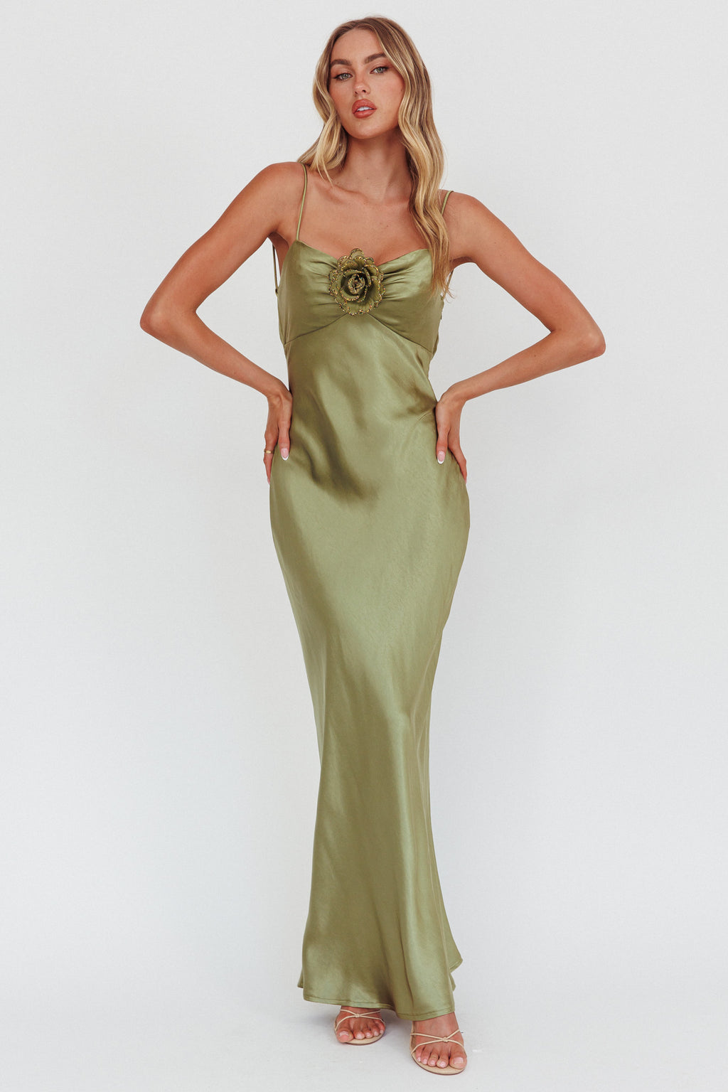High Roller Cowl Back Rosette Maxi Dress Olive by Selfie Leslie