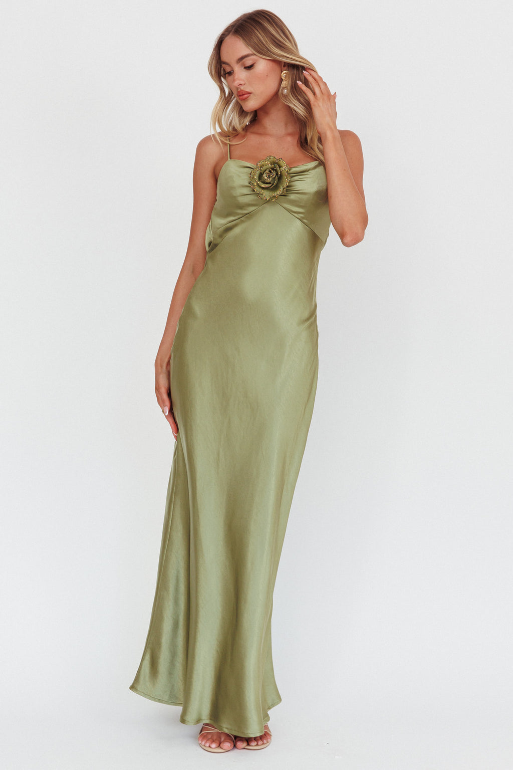 High Roller Cowl Back Rosette Maxi Dress Olive by Selfie Leslie