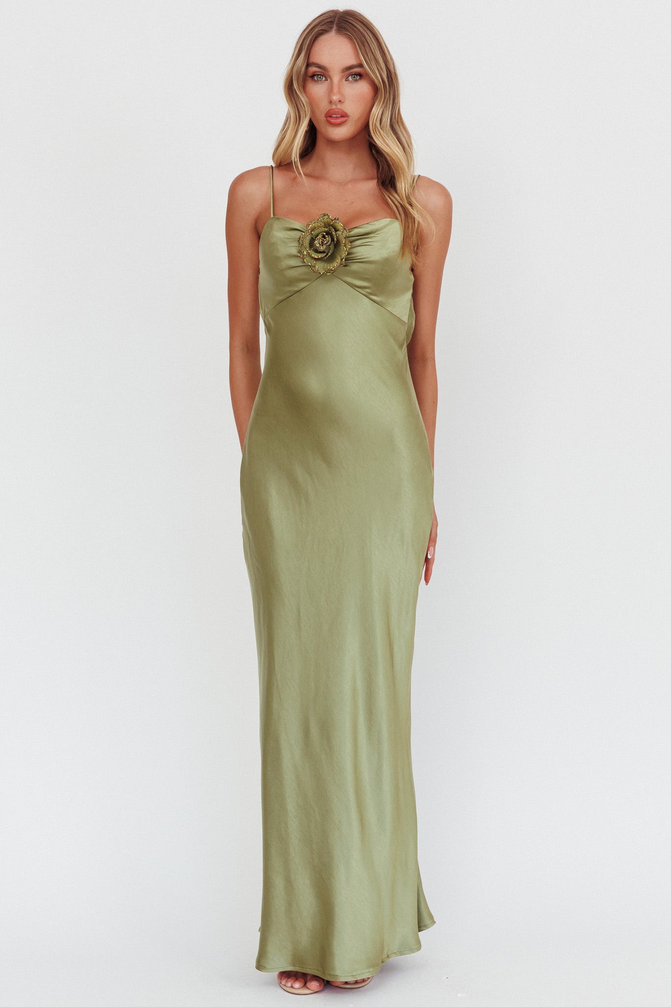 High Roller Cowl Back Rosette Maxi Dress Olive by Selfie Leslie
