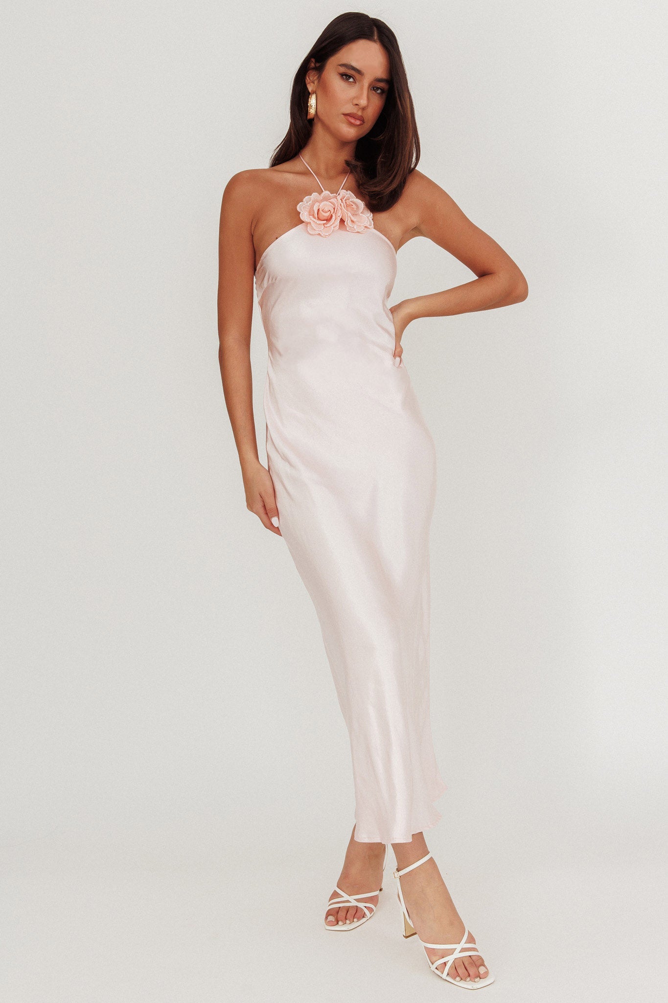 High Roller Flower Decoration Halter Dress Baby Pink - L High Roller Flower Decoration Halter Dress Baby Pink - L
