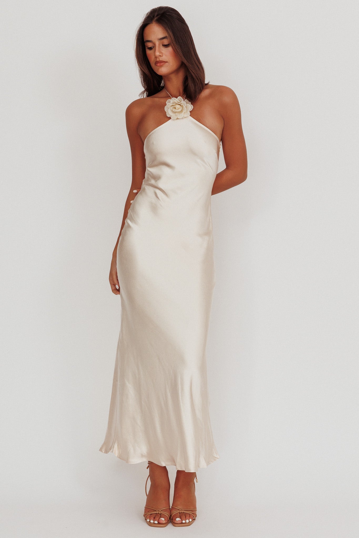 flower satin halter dress in champagne Flower Satin Halter Dress in Champagne