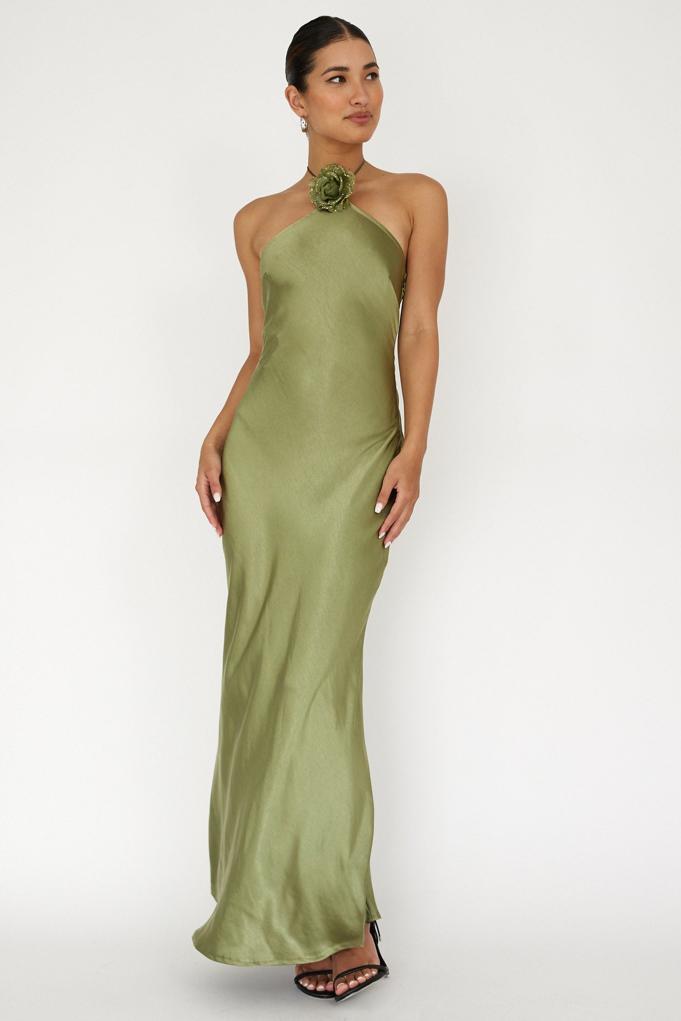 High Roller Flower Decoration Halter Dress Olive - L High Roller Flower Decoration Halter Dress Olive - L
