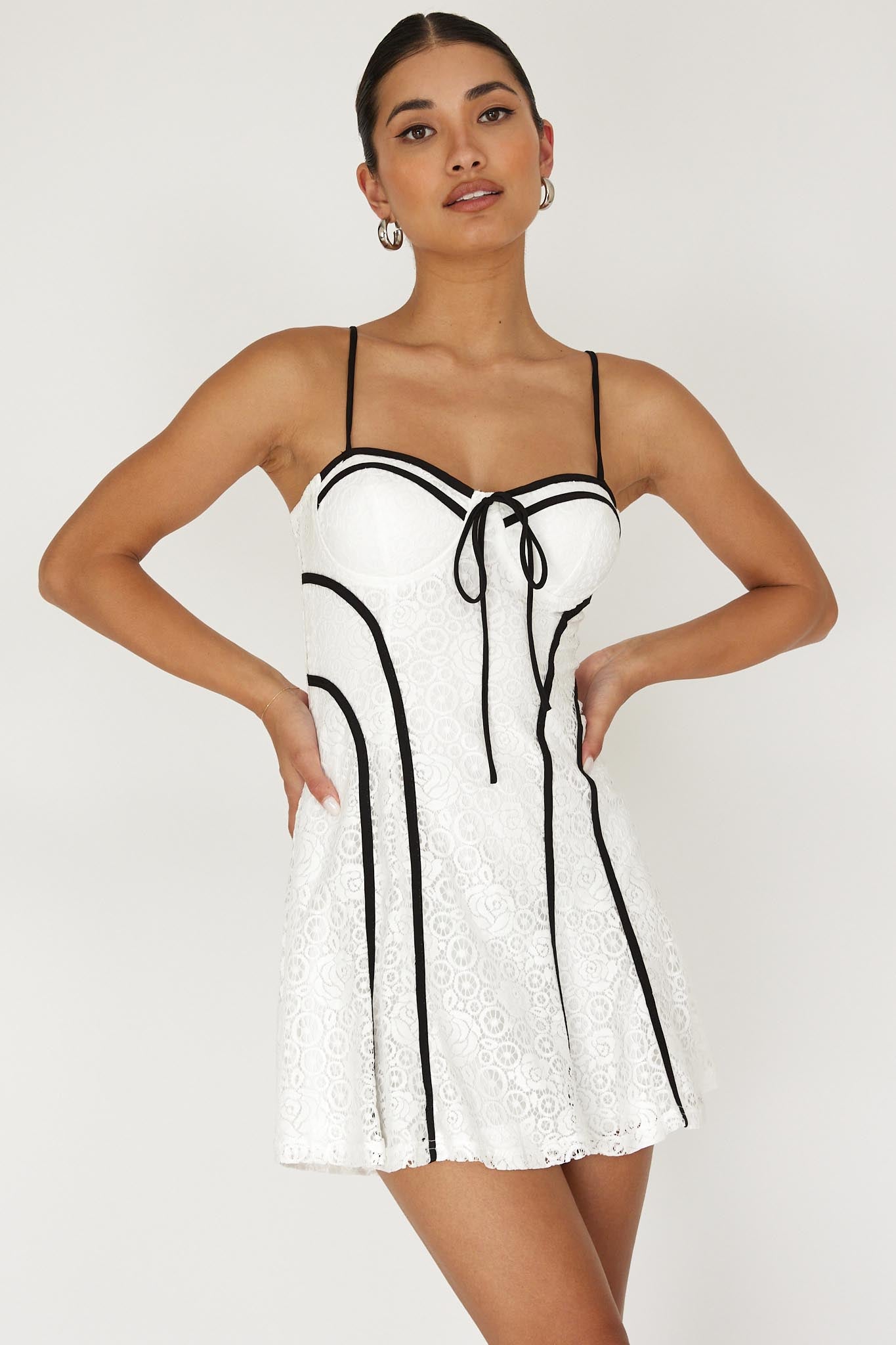 Find Your Way Lace Piping Mini Dress White by Selfie Leslie