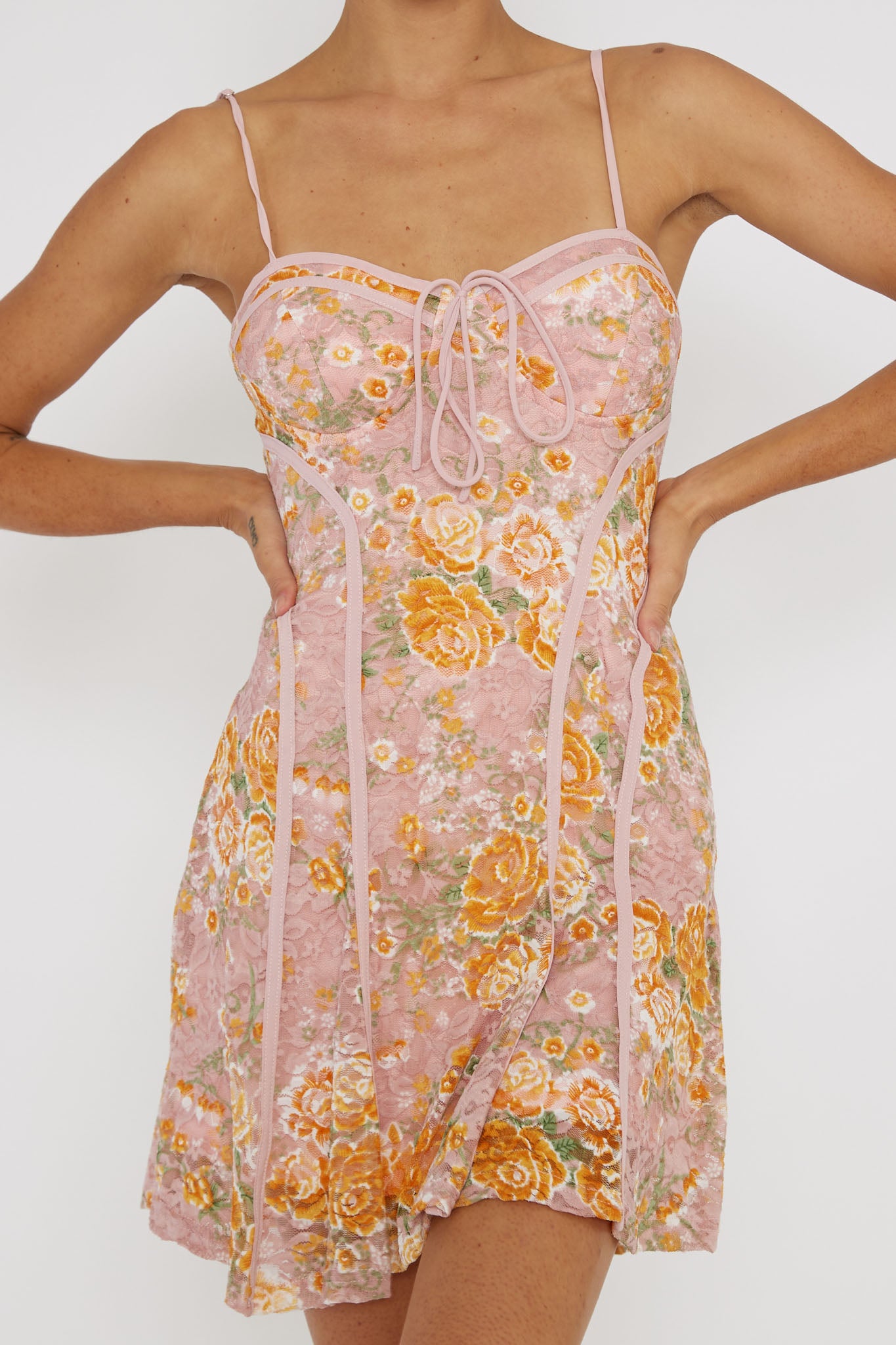Find Your Way Lace Piping Mini Dress Pink by Selfie Leslie