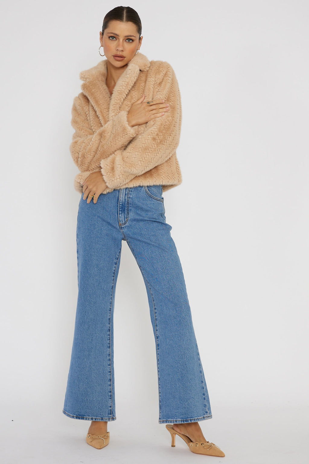 Savelle Notch Lapel Faux Fur Jacket Camel by Selfie Leslie