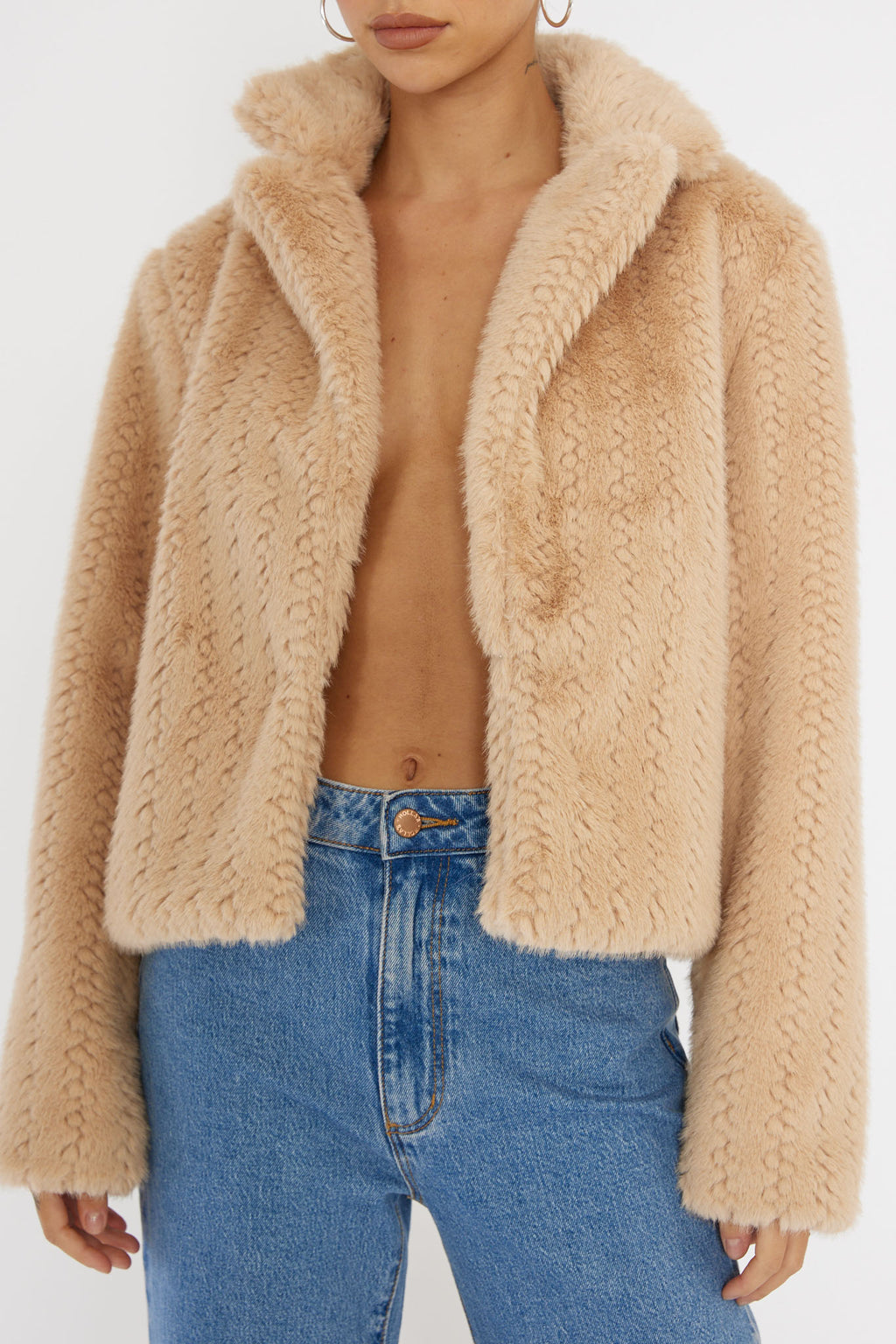 Savelle Notch Lapel Faux Fur Jacket Camel by Selfie Leslie