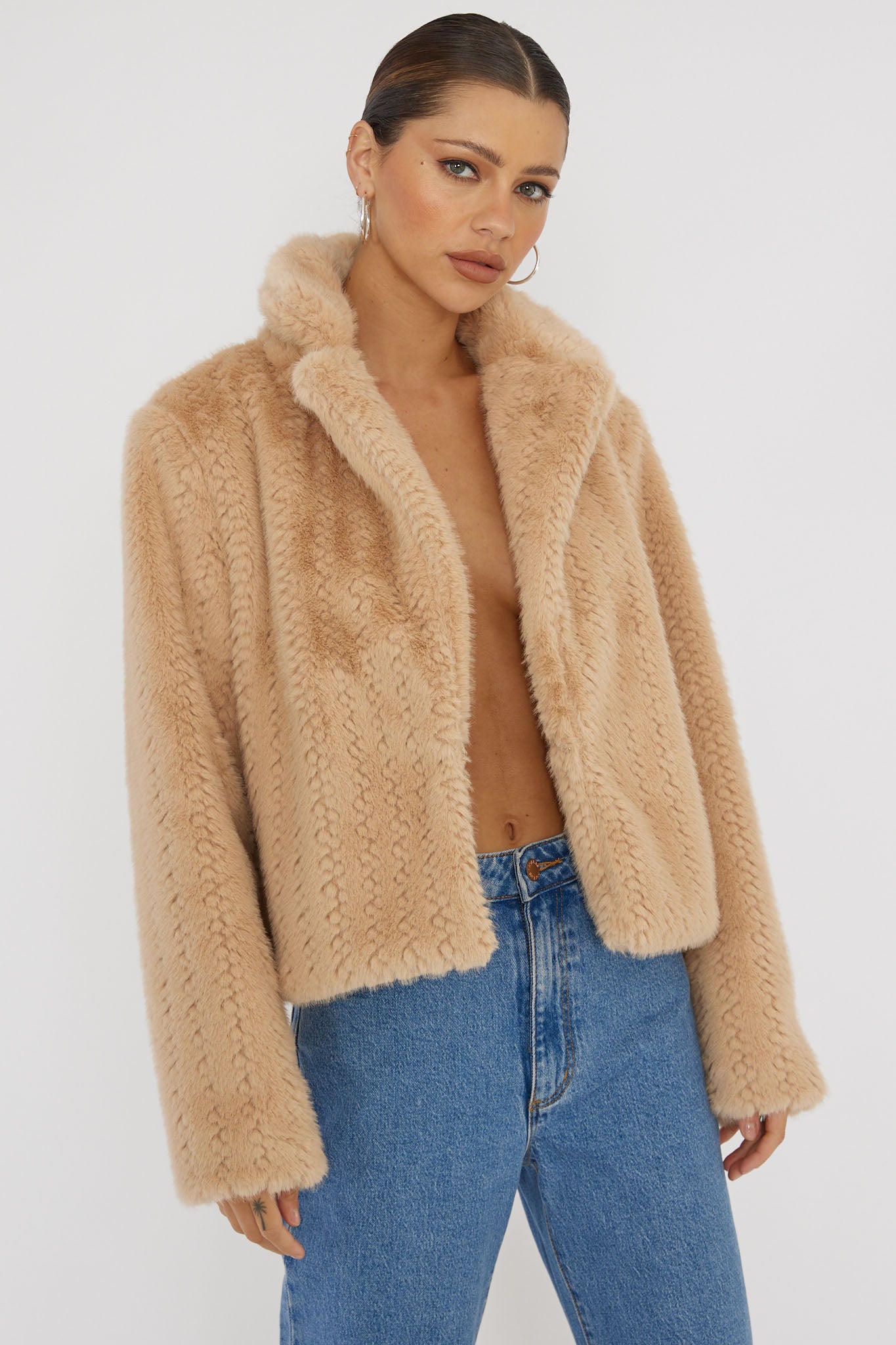 Shop the Savelle Notch Lapel Faux Fur Jacket Camel