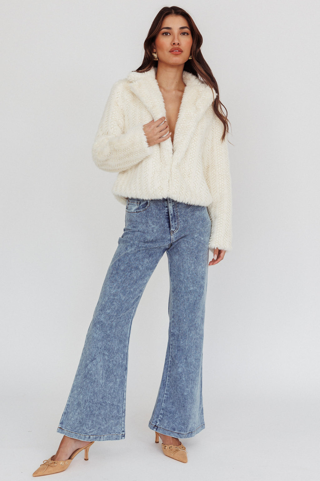 Savelle Notch Lapel Faux Fur Jacket Cream by Selfie Leslie